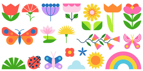 Vector spring design elements set. Geometric flowers, butterflies, bugs, rainbow, sun. Modern colorful illustration © Qualit Design