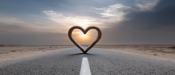 Fototapeta premium Dirt road leads to heart-shaped sunset with red clouds in fantasy style showing love in the evening sky above the open landscape