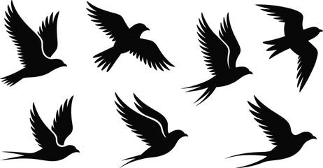 Obraz premium Flying bird silhouette collection, swallow and dove shapes, black winged animals, flat vector icons, isolated on white background