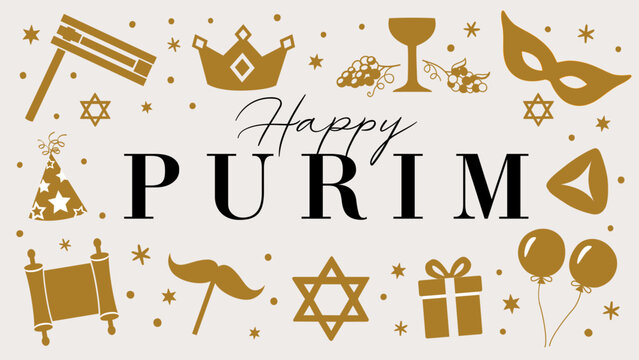 Happy Purim, Chag Purim Sameach greeting card with holiday symbols pattern. Vector design with carnival mask, hamentashen, raashan, cup of wine, carnival hat, Torah scroll, moustache, star David, gift