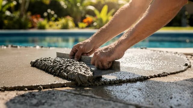 Close-up of hands using a trowel to spread and level wet concrete on an outdoor patio beside a swimming pool in sunlight.