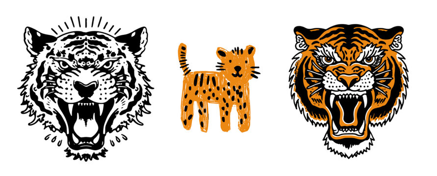  Set of 3x tigers and lions illustrations for logo or t-shirt print
