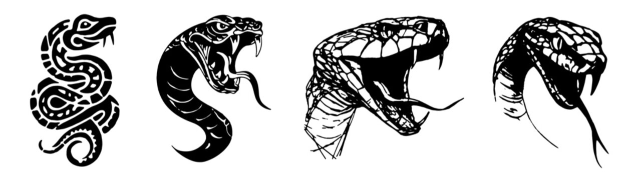 High contrast 4x set of a snakes heads sketch style for t-shirt design