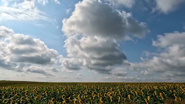 Time lapse clip of field of blooming sunflowers and endless clouds. 4K video (Ultra High Definition) of cloudscape and bright sun. Sun shines through the clouds on the blue sky background.