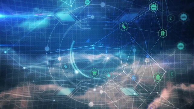 Digital network materializing HUD connecting nodes clustering icons illustrating e-commerce flow