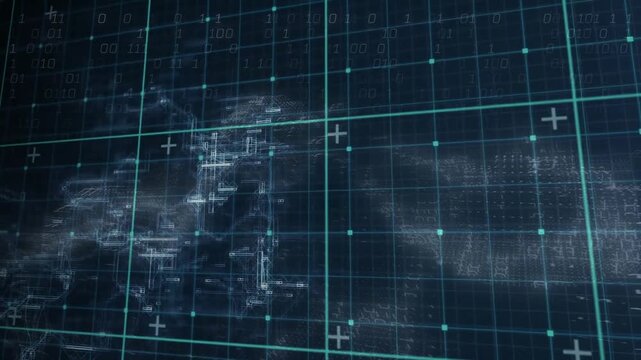 On start turquoise grid matrix interface pulsing nodes, streaming binary digits, sweeping data flow