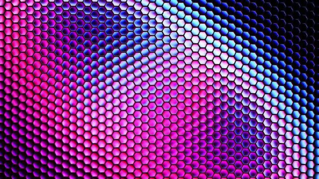 Abstract, smooth, neon glass refractions, honeycomb shape. Abstract background, hexagonal glass geometry. Smooth, seamless animation.