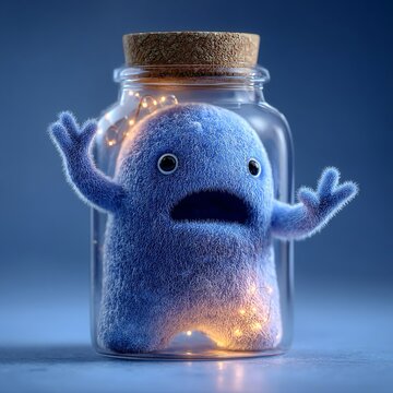 Illustrazione digitale stilizzata di una creatura blu gelatinosa, intrappolata in un barattolo di vetro con un'espressione di spavento
