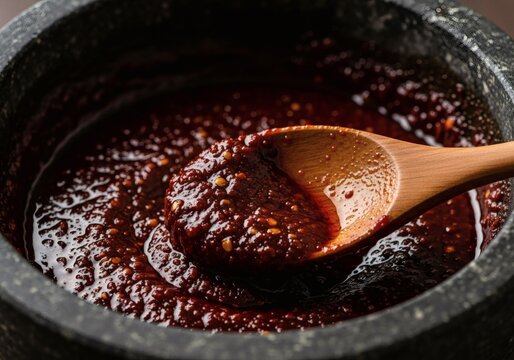 Close-up of Gochujang Korean Red Chili Paste in Stone Bowl with Wooden Spoon. Spicy Fermented Sauce Ingredient and Condiment.