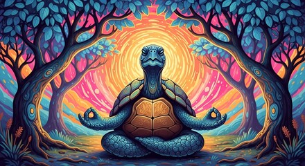 Obraz premium A serene sea turtle sits in a meditative pose, centered within a vibrant sunburst and swirling stylized trees . Uses a psychedelic art style with high contrast colors and intricate patterns.