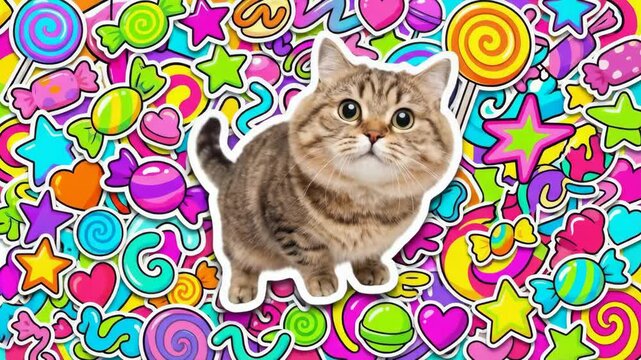 Cute tabby cat blinking and looking directly with wide open eyes on a bright colorful candy background for pets lifestyle