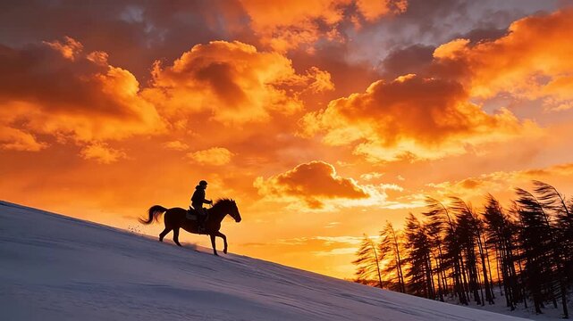 Horse rider galloping on snowy slope with orange sunset sky and forest background