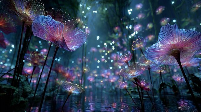 Un giardino botanico futuristico nel quale i fiori hanno vene in fibra ottica luminose e petali iridescenti