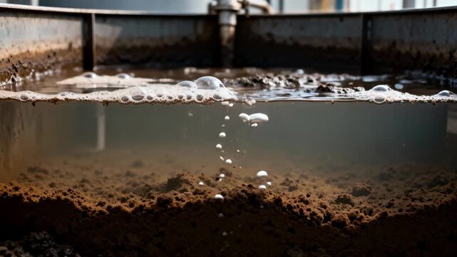 Closeup medium shot of an anaerobic clarifier tank showing sludge settling without aeration highlighting natural biogas reactions in wastewater treatment.