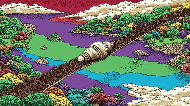 Un gigantesco croissant sopra una strada di caff&egrave;, che funge da ponte sopra un paesaggio irreale