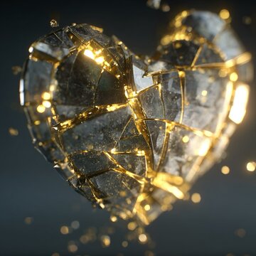 Un cuore fatto di specchi rotti che vengono ricomposti da una luce dorata su sfondo scuro