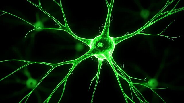 A glowing green neuron in a dark, abstract scientific representation.