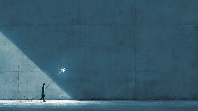 Piccola sagoma di un uomo che cammina davanti ad un muro di cemento, illuminato da una luce. Concetto di solitudine