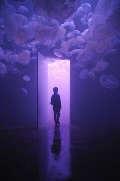 Sagoma umana in piedi davanti a una porta illuminata, circondata da proiezioni di meduse in un ambiente di colore viola intenso. Atmosfera surreale