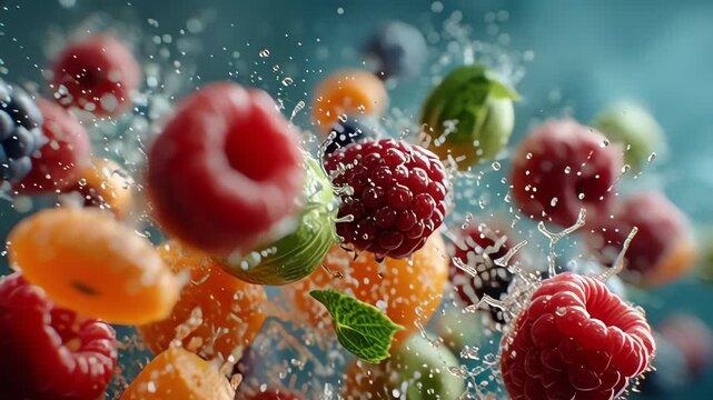 Dynamic Splash of Fresh Mixed Berries and Fruits
