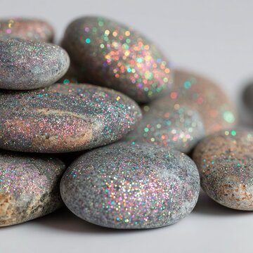 Pietre ovali di diverse dimensioni e tonalit&agrave; di grigio, coperti di glitter iridescenti, che riflettono la luce, creando un effetto magico