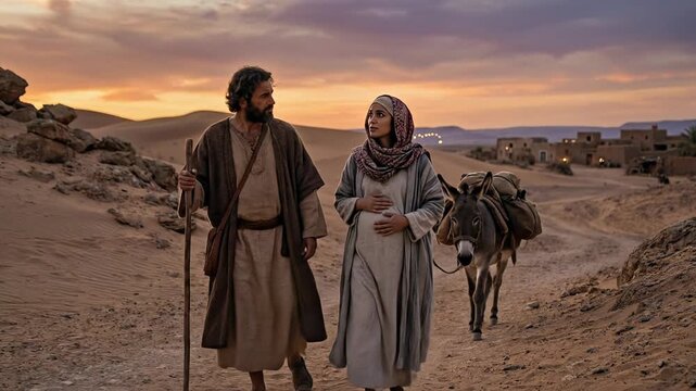 Saint Joseph and pregnant Virgin Mary walk with a donkey through a desert landscape toward a small village under a purple and orange sunset sky during biblical journey

