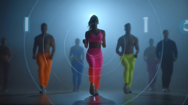 Energetic Group Dance Fitness Class with Digital Overlays