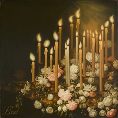 Soft glowing candles burning inside a dark church creating a peaceful and spiritual atmosphere