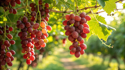 Red Grape hanging on tree in garden, Grapes on tree in natural warm sunlight background