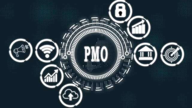 PMO Chief Marketing Officer business strategy infographic with icons and dot PMO Chief Marketing Officer, business, strategy, infographic, abstract circles and gears backgrounds 4K LOOP.