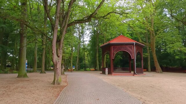 Wooden alcove in Zdrojowy park. Gresh green scene of botanical garden with old trees in Swinoujscie town, Poland, Europe. 4K video (Ultra High Definition).