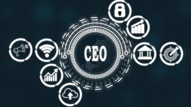 CEO Chief Marketing Officer business strategy infographic with icons and dot CEO  Chief Marketing Officer, business, strategy, infographic, abstract circles and gears backgrounds 4K LOOP.