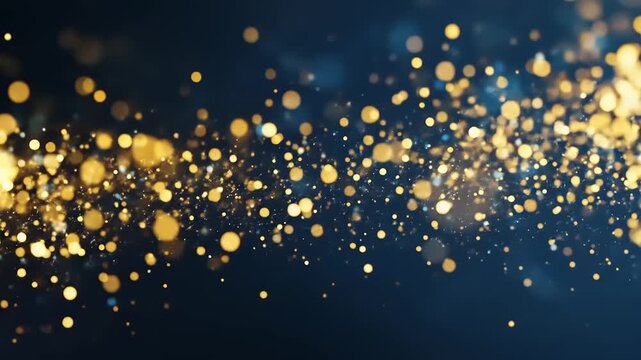 A dark, blurred background with numerous floating golden and blue bokeh lights