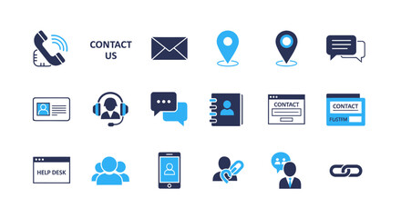 Vector set of blue business communication icons for website, app, or UI, including phone, email, map, chat, and support symbols, Isolated, png isolated on White Background