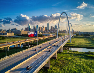 Fototapeta premium Aerial View of Margaret Hunt Hill Bridge in Dallas Texas at Sunset architecture