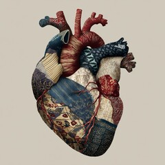 Illustrazione di uncuore anatomico umano, decorato con motivi patchwork, rivestito da pezzi di tessuto cuciti insieme.
