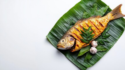 Fresh grilled whole fish with crispy skin served on green banana leaf with garlic cloves for healthy seafood meal or traditional cuisine presentation