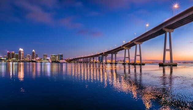 illuminated coronado bridge reflecting on san diego bay at twilight