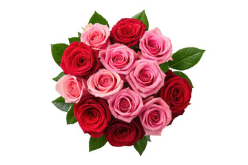 Obraz premium Beautiful bouquet of pink and red roses with green leaves, isolated on white background, perfect for Valentine's Day or wedding.