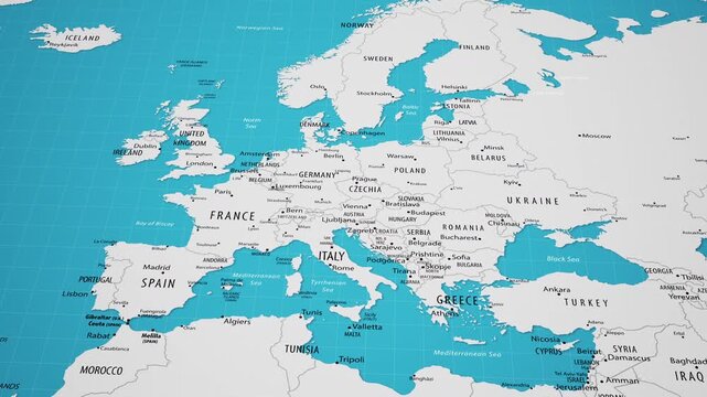 European countries on the world map. 4K animation.