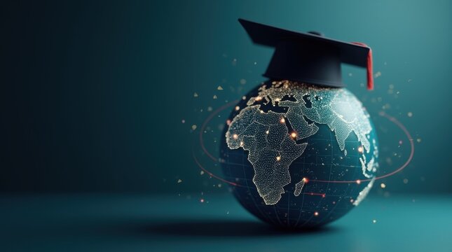 A digital globe representing Africa is capped with a graduation hat, symbolizing the connection between education and technology 
