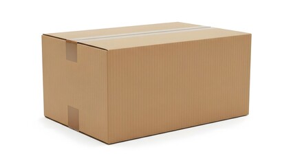 A cardboard box is placed on a white surface, captured from a slightly elevated viewpoint, showcasing its rectangular shape and brown color in a studio setting.