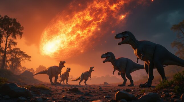 Dinosaurs watch as a meteor hurtles towards earth in a fiery display 
