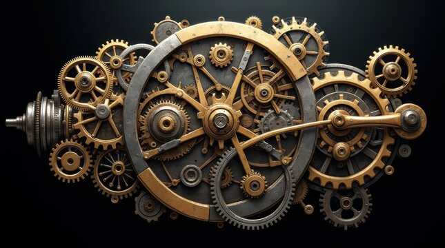Impossibly complex clockwork mechanism with hundreds of interlocking gears of varying materials from brass to damascus steel, background fading to black to emphasize the mechanical poetry