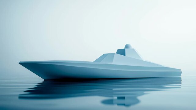 Futuristic unmanned boat drone with angular stealth hull floating on sea. Concept of autonomous marine surveillance technology