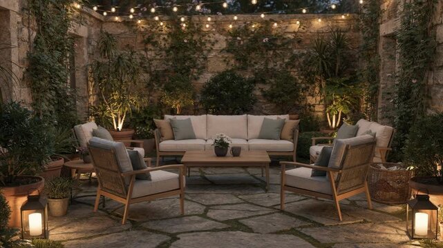 Inviting garden courtyard patio with outdoor sofa and chairs, warm lanterns and string lights. Relaxing evening atmosphere in a stone-walled backyard setting.