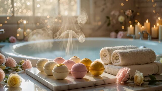 Luxury spa bathroom with steaming hot bathtub, colorful bath bombs on marble tray, rolled white towels and candles with soft bokeh light in background. Relaxation and self care wellness concept