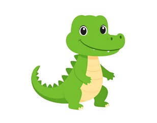 Obraz premium A cartoon-style illustration of a cheerful green crocodile, standing and smiling with large, friendly eyes against a white background
