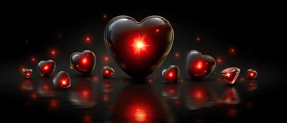 Obraz premium Intricate pattern of red and black gems arranged in heart shape with reflections suitable for decoration on Valentine's Day