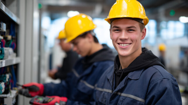 Young electrician students gathered around a complex electrical project, smiling and interacting, holding tools and meters, safety gear on, vocational training room with cables, ci